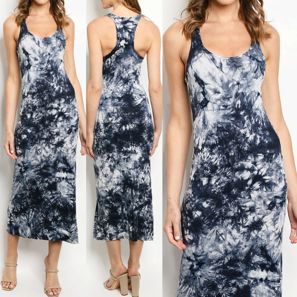 NEW Blue Bleach Tie Dye Racer Back Soft Maxi Dress